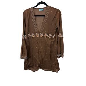 Letarte Vintage Y2K luxury Hand Beaded Brown Cotton Gauze Resort Cover Up S/M